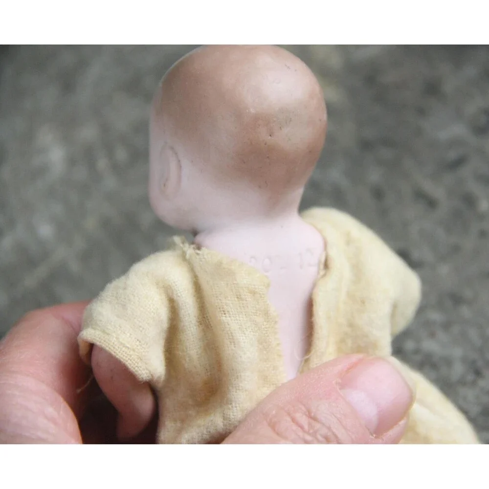 Antique One-Of-A-Kind Miniature China Doll in Wicker Cradle